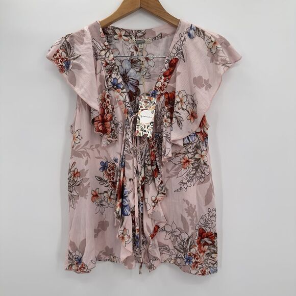 Gimmicks Buckle Floral Print Ruffle Lace Up‎ Front Top Women's Small Pink NEW - Picture 2 of 8